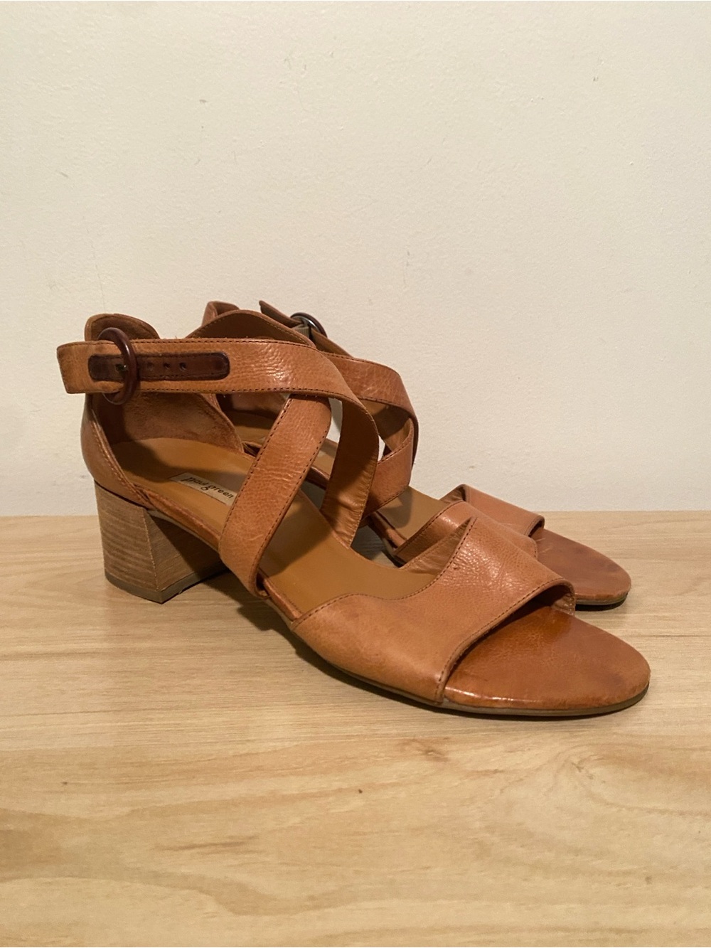 Paul Green Cognac Leather Crisscross Block Heel Sandals 8